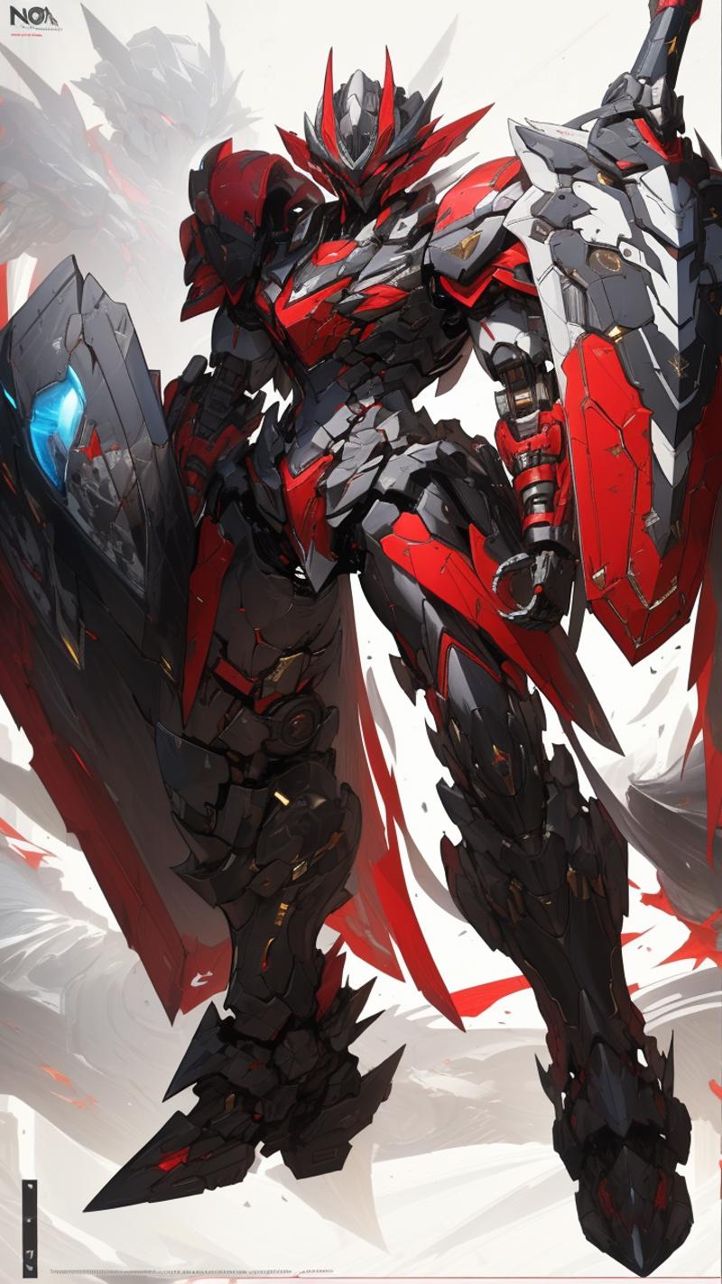 05076-308565408-,mecha robot,no humans,mecha armor,full armor,(red silver color scheme_1.2),glowing red eyes,city,(full body_1.2),clenched hand,.png